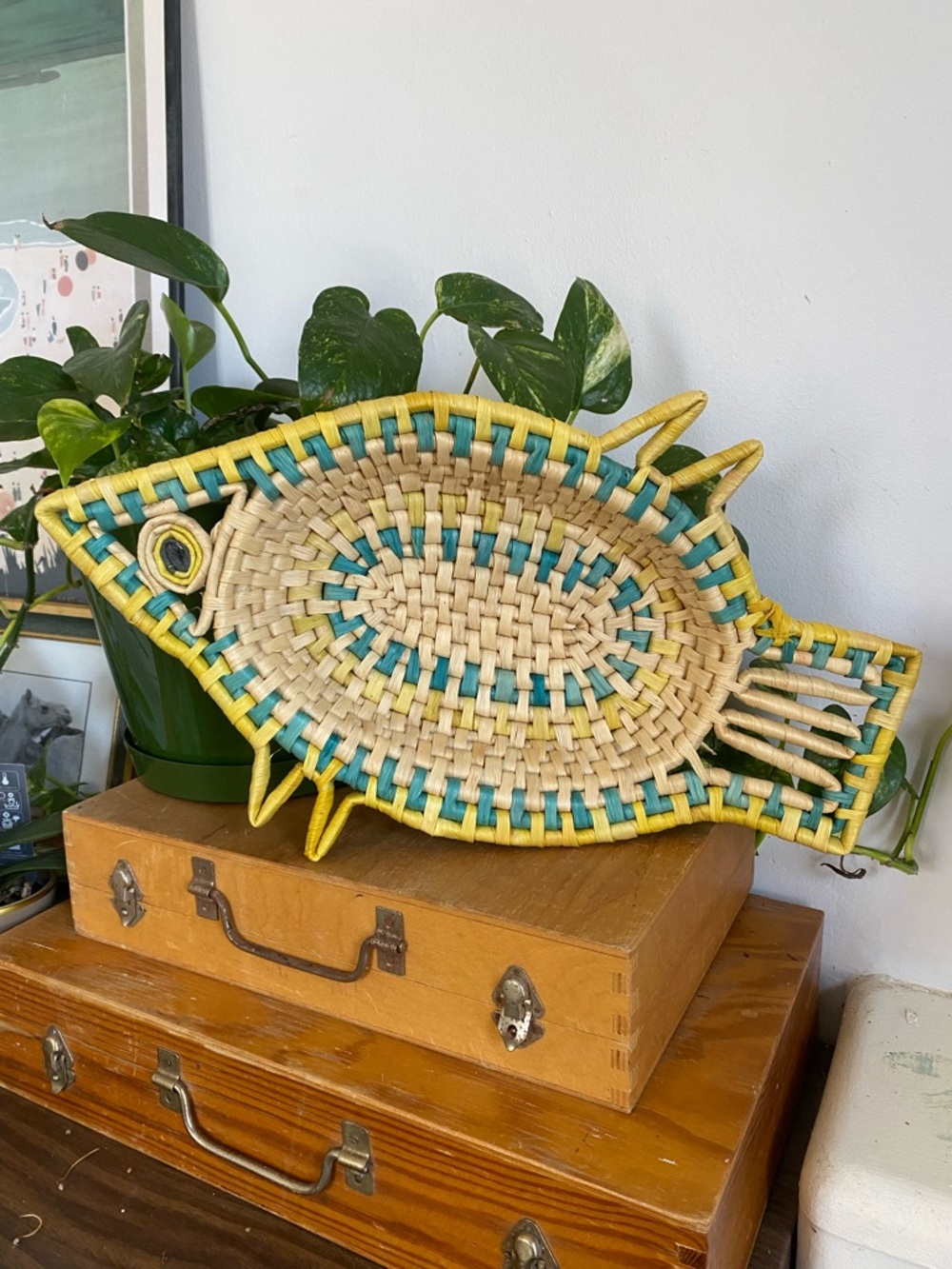 Vintage Handwoven Fish-Shaped Wicker Basket - Natural, Teal & Yellow